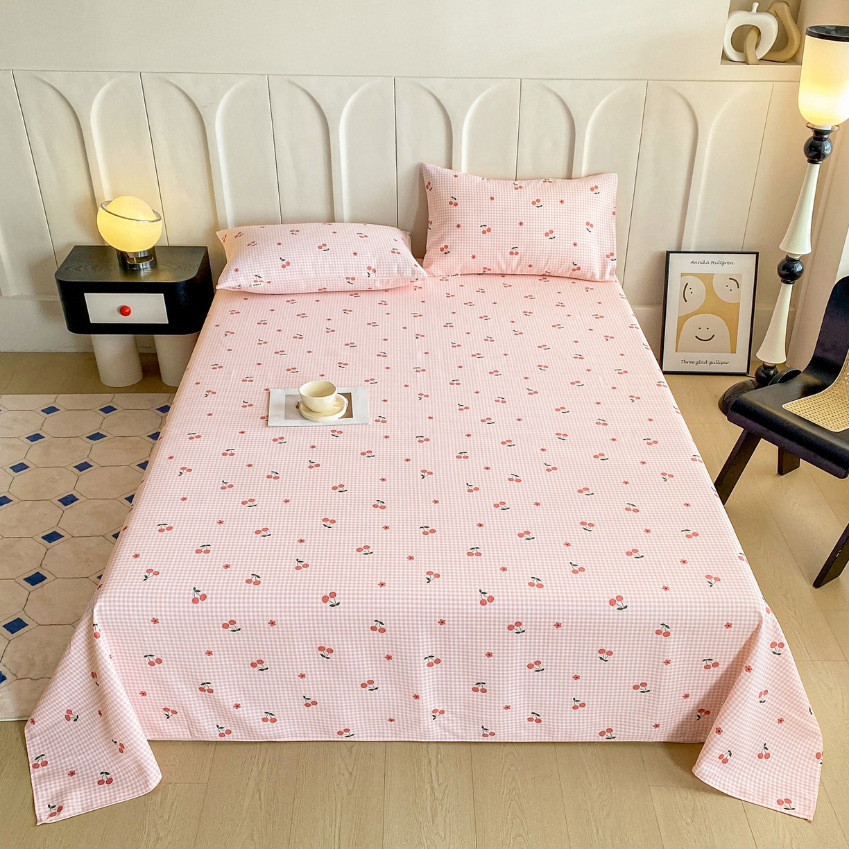 91家纺网 家纺一手货源 找家纺 金泰莱 2026新款工艺款原棉印花老粗布床单系列 格子樱桃