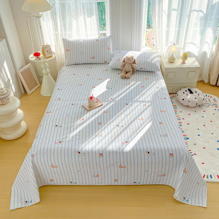 91家纺网 家纺一手货源 找家纺 金泰莱 2026新款工艺款原棉印花老粗布床单系列 条纹狗