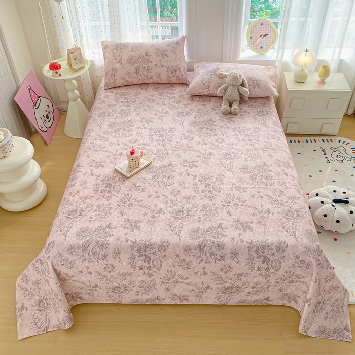 91家纺网 家纺一手货源 找家纺 金泰莱 2026新款工艺款原棉印花老粗布床单系列 木槿