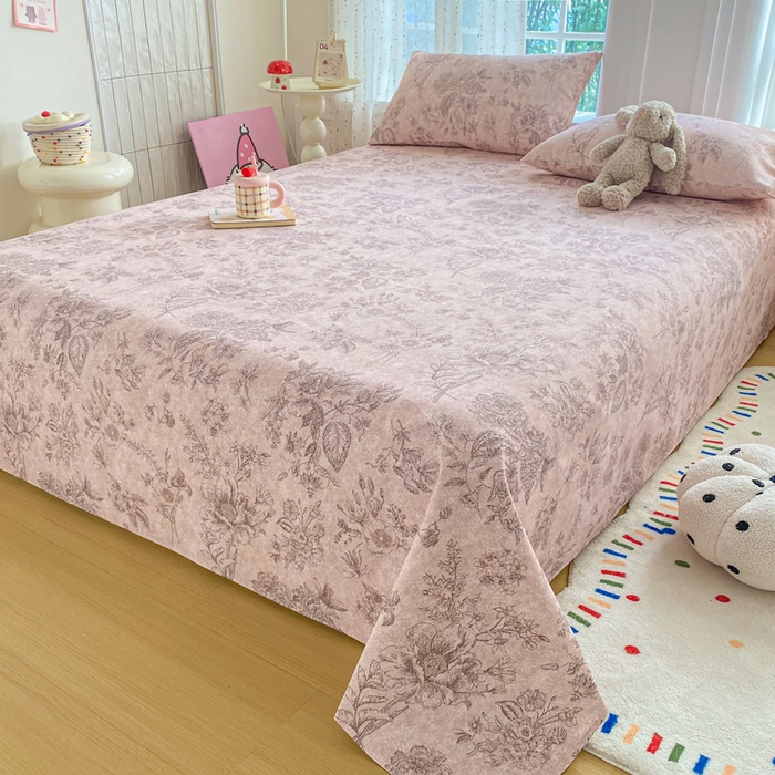 91家纺网 家纺一手货源 找家纺 金泰莱 2026新款工艺款原棉印花老粗布床单系列 木槿