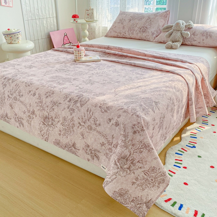 91家纺网 家纺一手货源 找家纺 金泰莱 2026新款工艺款原棉印花老粗布床单系列 木槿