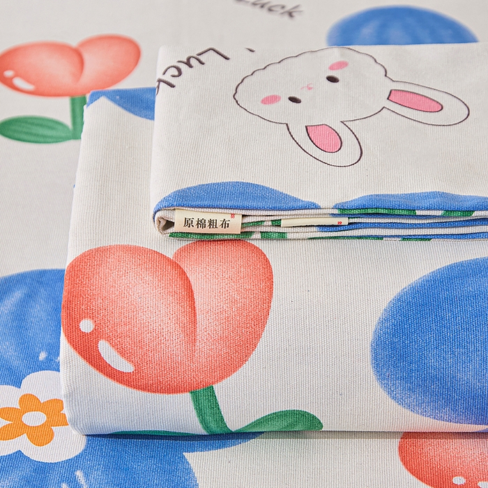 91家纺网 家纺一手货源 找家纺 金泰莱 2026新款爆款印花原棉老粗布床单 小花 lucky兔