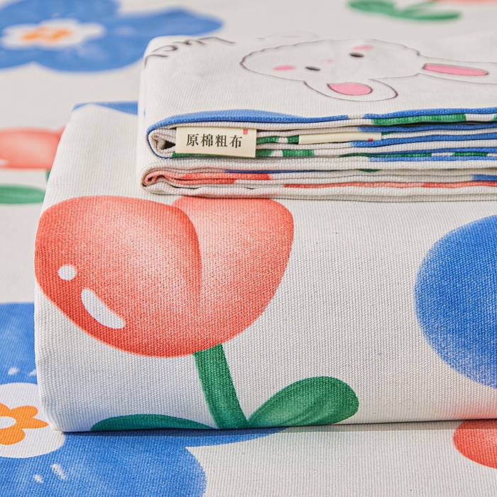 91家纺网 家纺一手货源 找家纺 金泰莱 2026新款爆款印花原棉老粗布床单 小花 lucky兔