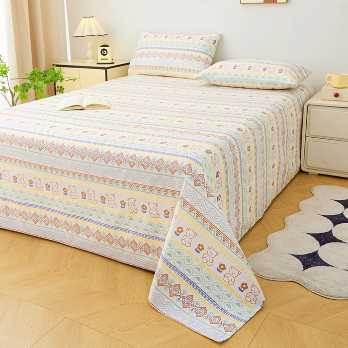 91家纺网 家纺一手货源 找家纺 金泰莱 2026新款原棉标印花老粗布床单 条纹小熊