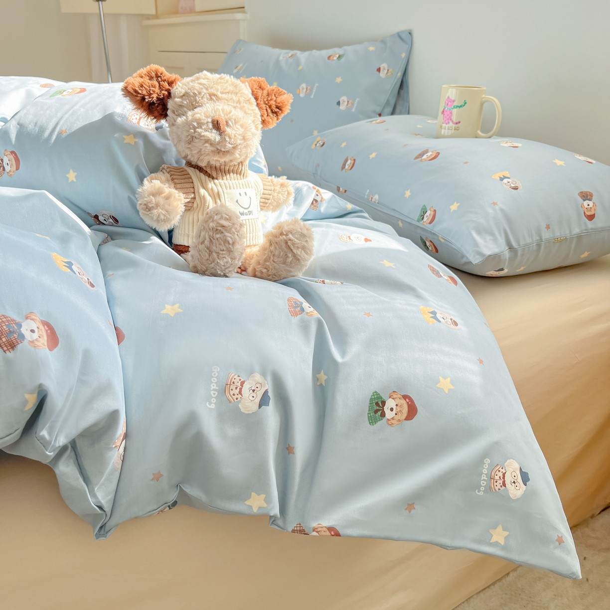 91家纺网 家纺一手货源 找家纺 吉象家纺 2026春夏新款全棉纯棉印花四件套 眼镜狗狗