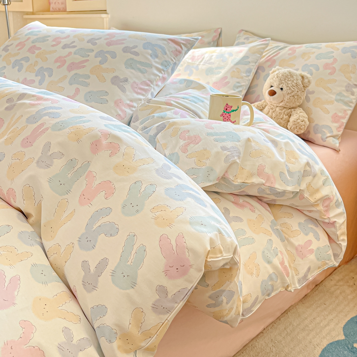 吉象家纺 2026春夏新款全棉纯棉印花四件套 兔兔梦境 米