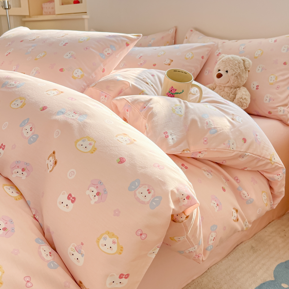 吉象家纺 2026春夏新款全棉纯棉印花四件套 甜酱小猫(粉)