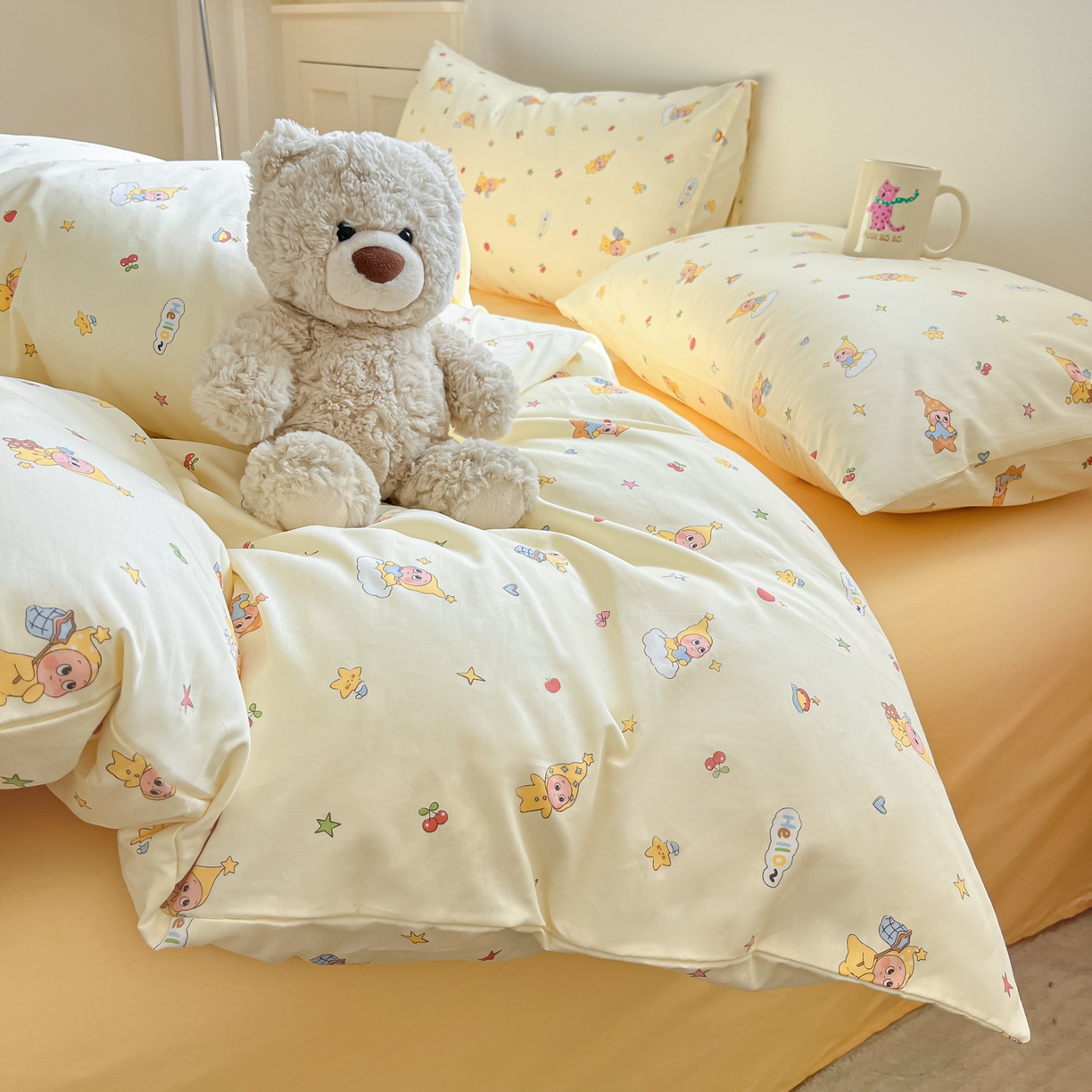 91家纺网 家纺一手货源 找家纺 吉象家纺 2026春夏新款全棉纯棉印花四件套 可爱星人