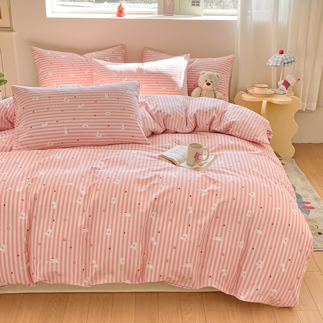 91家纺网 家纺一手货源 找家纺 吉象家纺 2026春夏新款全棉纯棉印花四件套 嘟嘟小熊