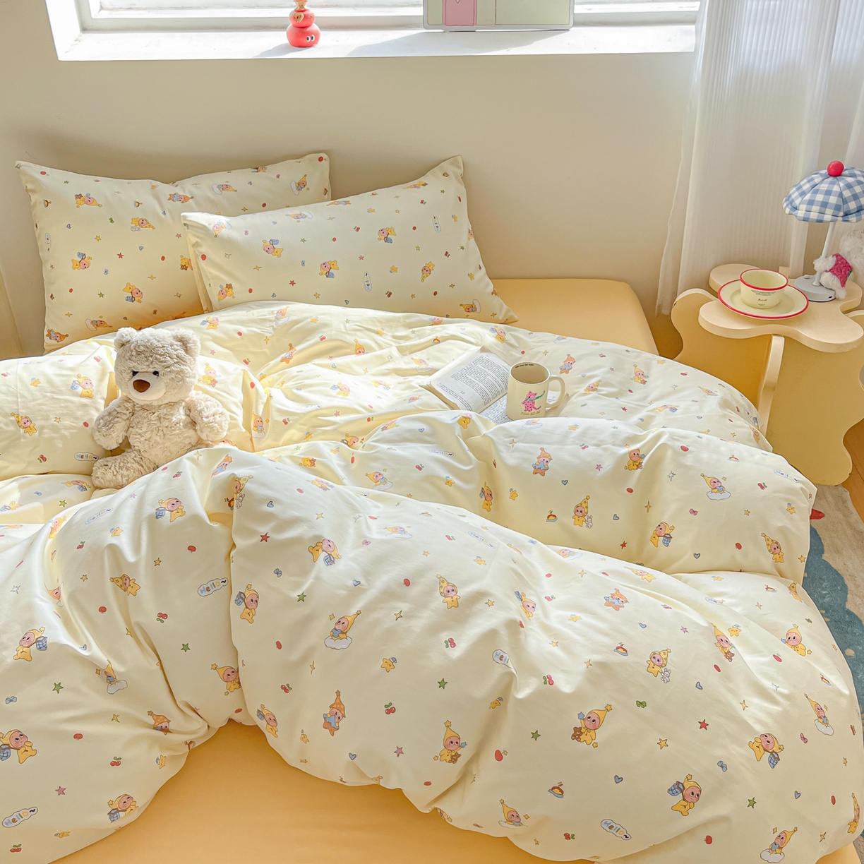 91家纺网 家纺一手货源 找家纺 吉象家纺 2026春夏新款全棉纯棉印花四件套 可爱星人