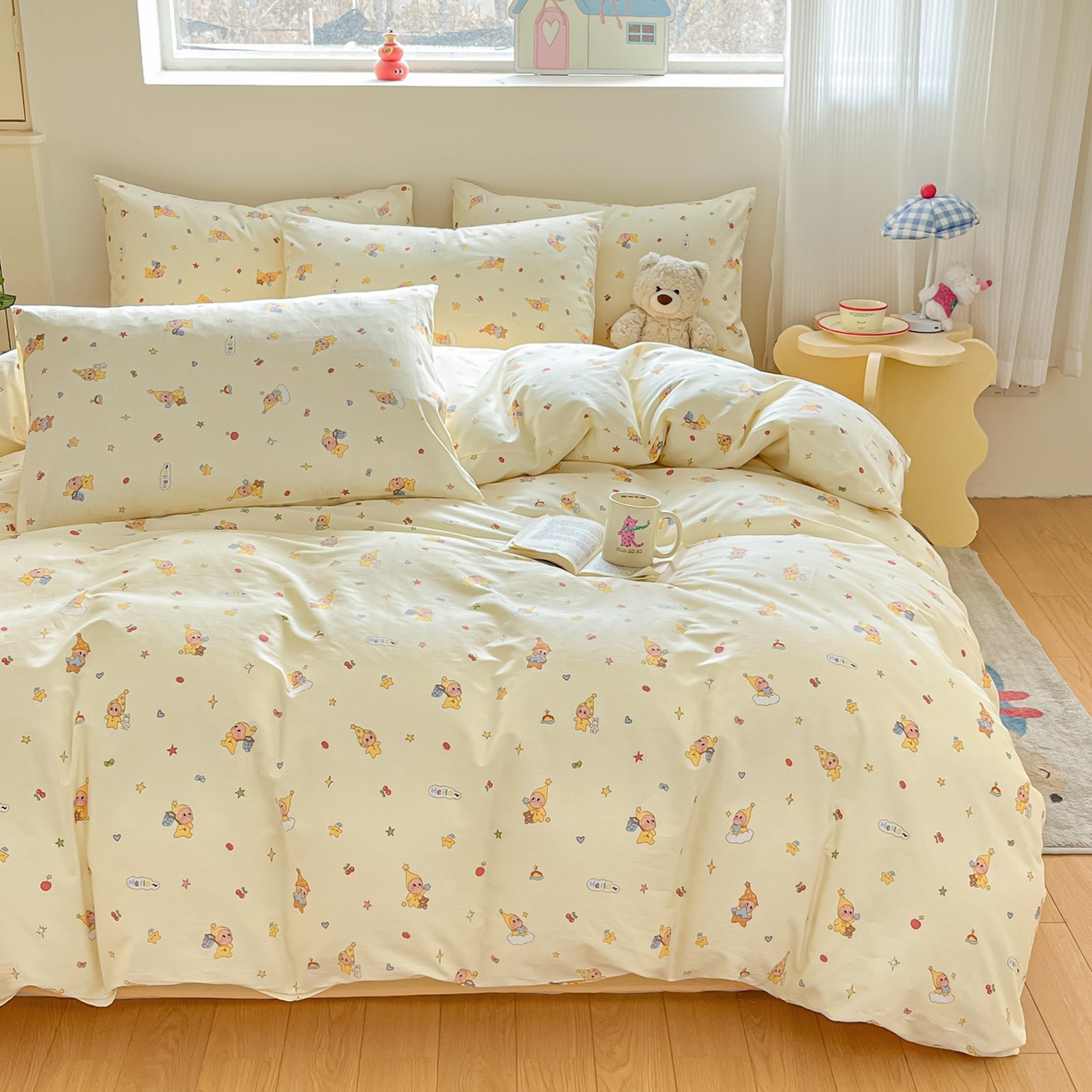 91家纺网 家纺一手货源 找家纺 吉象家纺 2026春夏新款全棉纯棉印花四件套 可爱星人