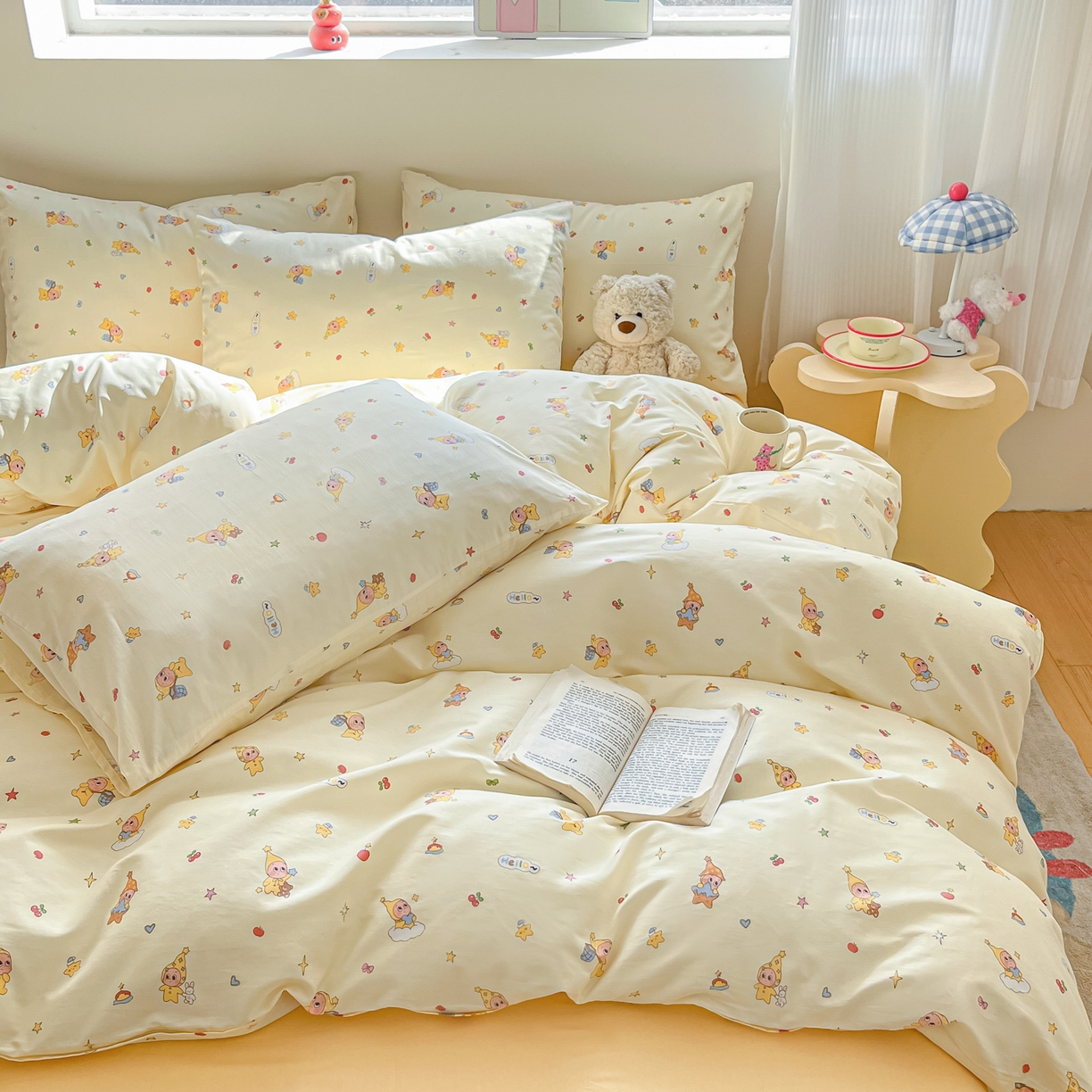 91家纺网 家纺一手货源 找家纺 吉象家纺 2026春夏新款全棉纯棉印花四件套 可爱星人