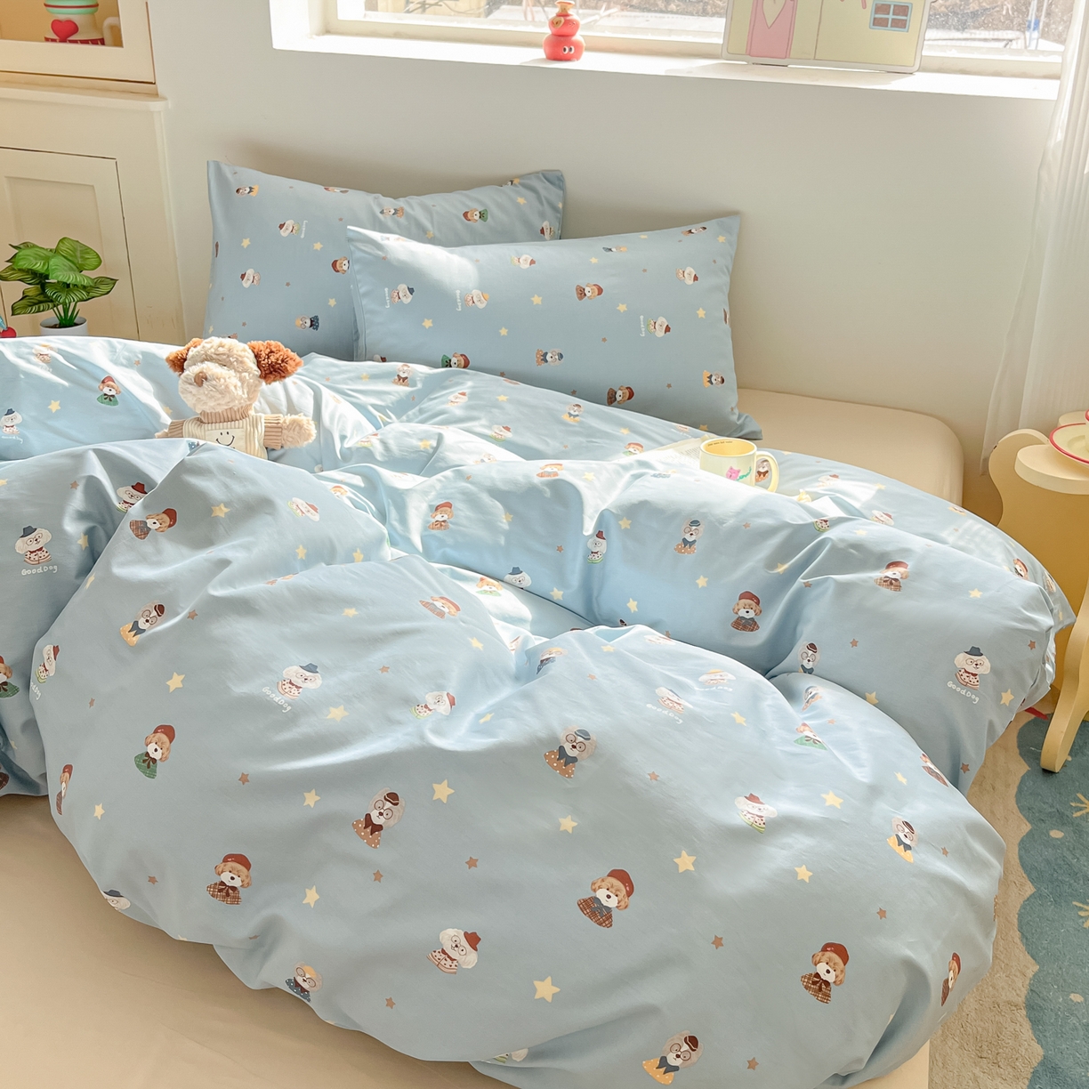 91家纺网 家纺一手货源 找家纺 吉象家纺 2026春夏新款全棉纯棉印花四件套 眼镜狗狗