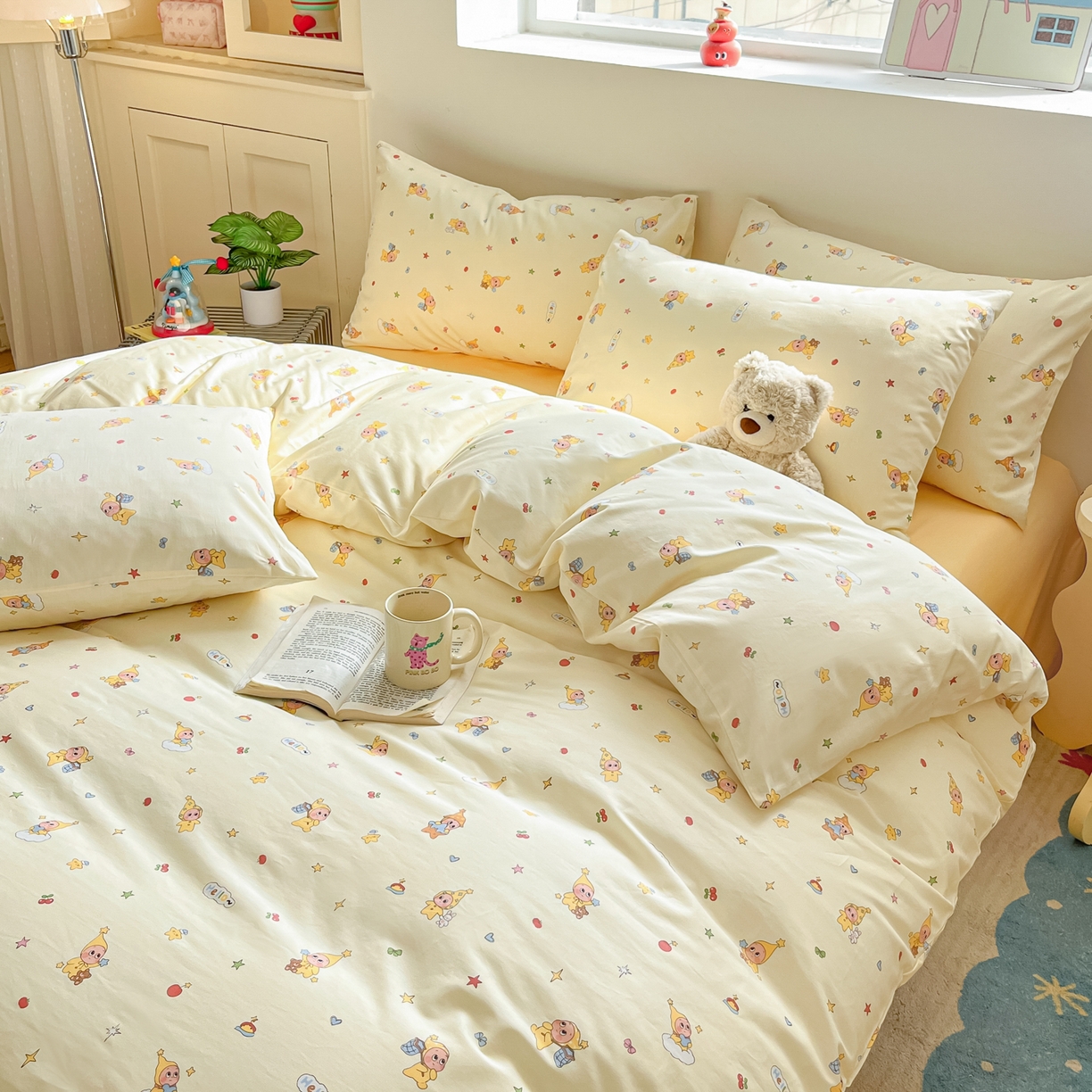 91家纺网 家纺一手货源 找家纺 吉象家纺 2026春夏新款全棉纯棉印花四件套 可爱星人