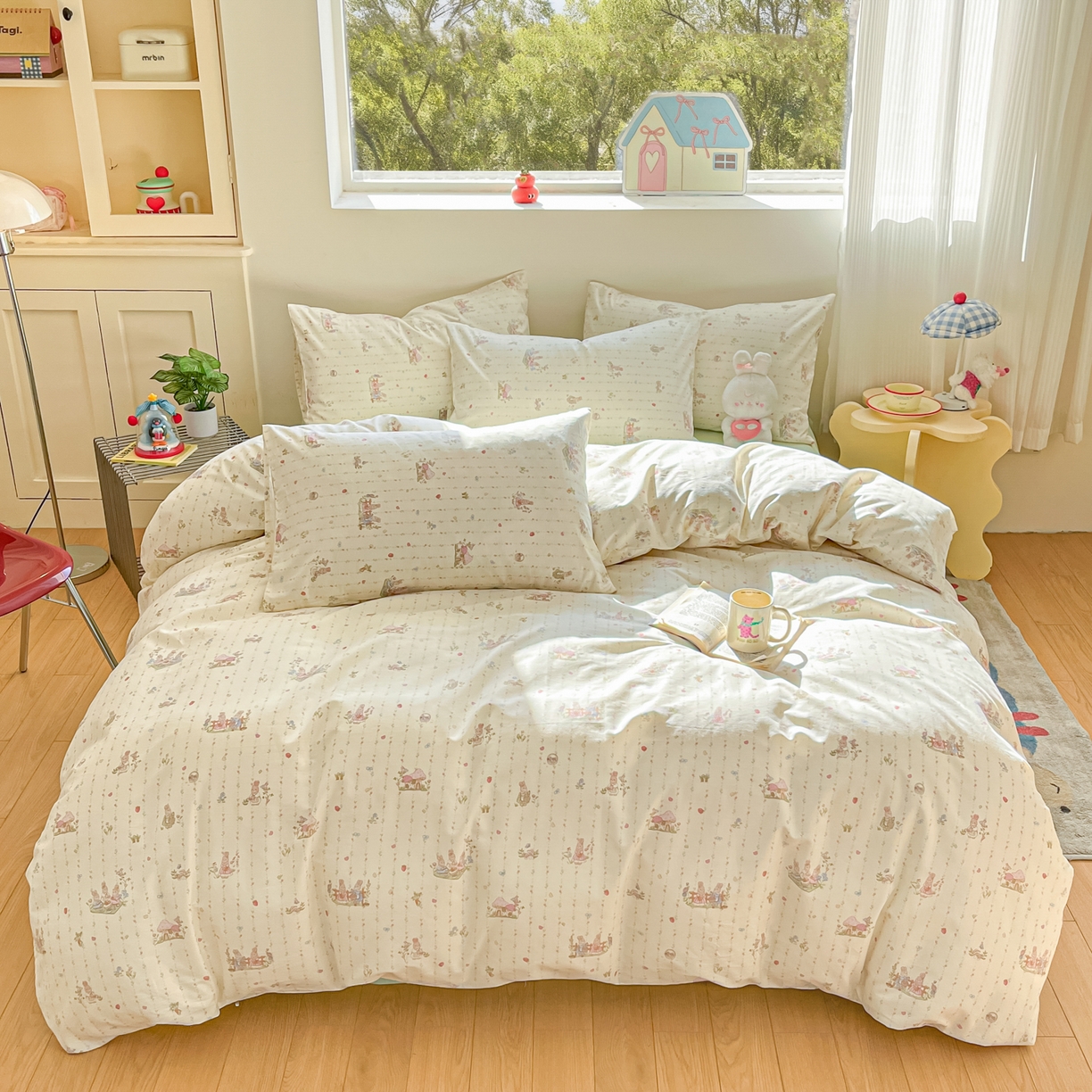 91家纺网 家纺一手货源 找家纺 吉象家纺 2026春夏新款全棉纯棉印花四件套 免兔野餐会