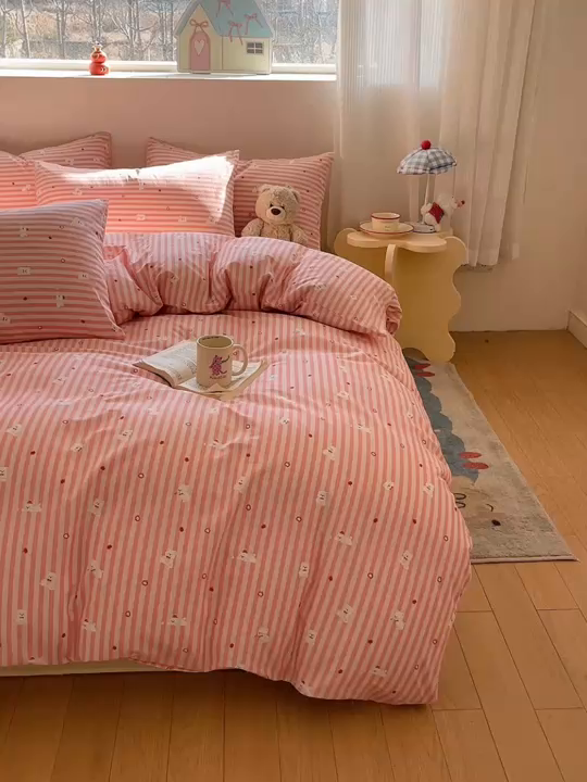 91家纺网 家纺一手货源 找家纺 吉象家纺 2026春夏新款全棉纯棉印花四件套 嘟嘟小熊