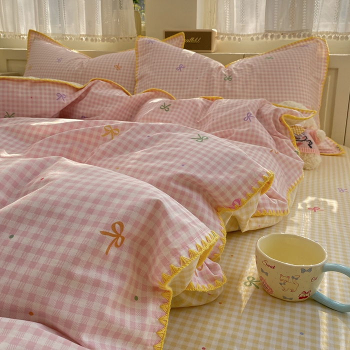 91家纺网 家纺一手货源 找家纺 浮光家居 2026新款全棉贝壳边纯棉四件套系列2 夏日恋格粉