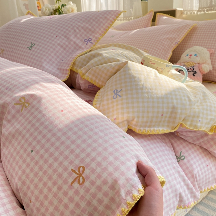 91家纺网 家纺一手货源 找家纺 浮光家居 2026新款全棉贝壳边纯棉四件套系列2 夏日恋格粉