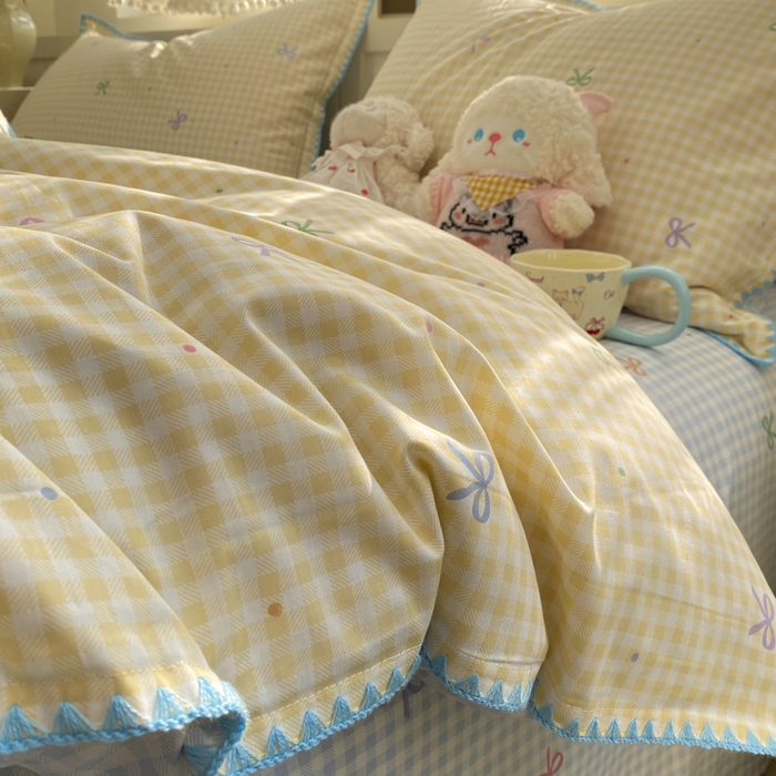 91家纺网 家纺一手货源 找家纺 浮光家居 2026新款全棉贝壳边纯棉四件套系列2 夏日恋格黄