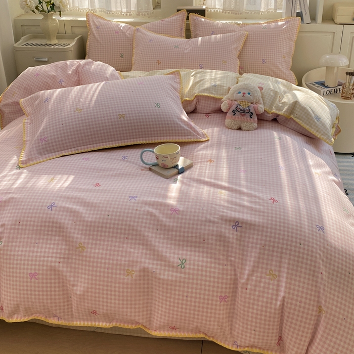 91家纺网 家纺一手货源 找家纺 浮光家居 2026新款全棉贝壳边纯棉四件套系列2 夏日恋格粉