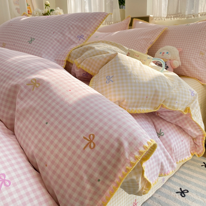 91家纺网 家纺一手货源 找家纺 浮光家居 2026新款全棉贝壳边纯棉四件套系列2 夏日恋格粉