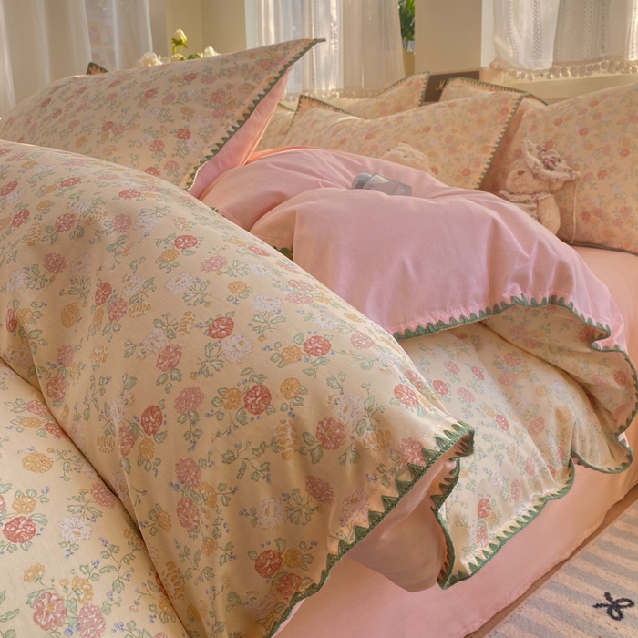 91家纺网 家纺一手货源 找家纺 浮光家居 2026新款全棉贝壳边纯棉四件套系列2 爱丽花园