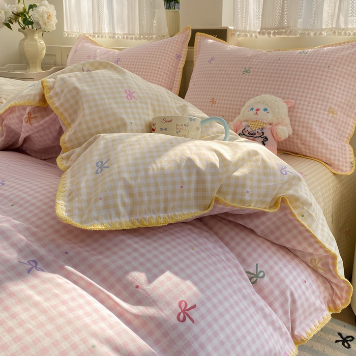 91家纺网 家纺一手货源 找家纺 浮光家居 2026新款全棉贝壳边纯棉四件套系列2 夏日恋格粉