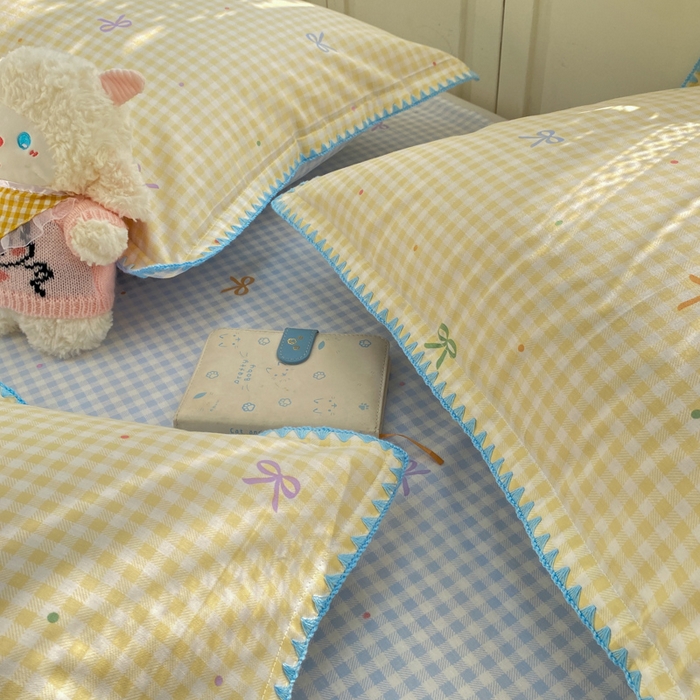 91家纺网 家纺一手货源 找家纺 浮光家居 2026新款全棉贝壳边纯棉四件套系列2 夏日恋格黄