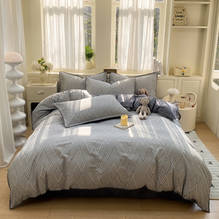 91家纺网 家纺一手货源 找家纺 浮光家居 2026新款全棉贝壳边纯棉四件套系列2 线韵时尚灰