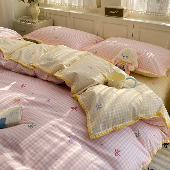 91家纺网 家纺一手货源 找家纺 浮光家居 2026新款全棉贝壳边纯棉四件套系列2 夏日恋格粉