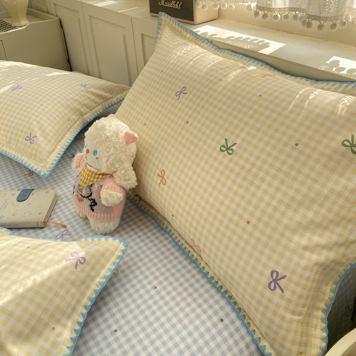 91家纺网 家纺一手货源 找家纺 浮光家居 2026新款全棉贝壳边纯棉四件套系列2 夏日恋格黄