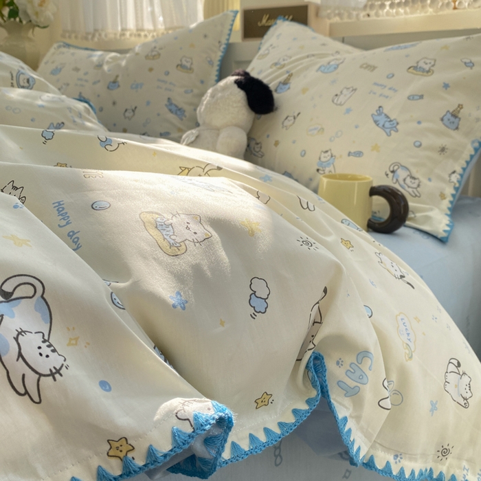 91家纺网 家纺一手货源 找家纺 浮光家居 2026新款全棉贝壳边纯棉四件套系列2 机灵猫