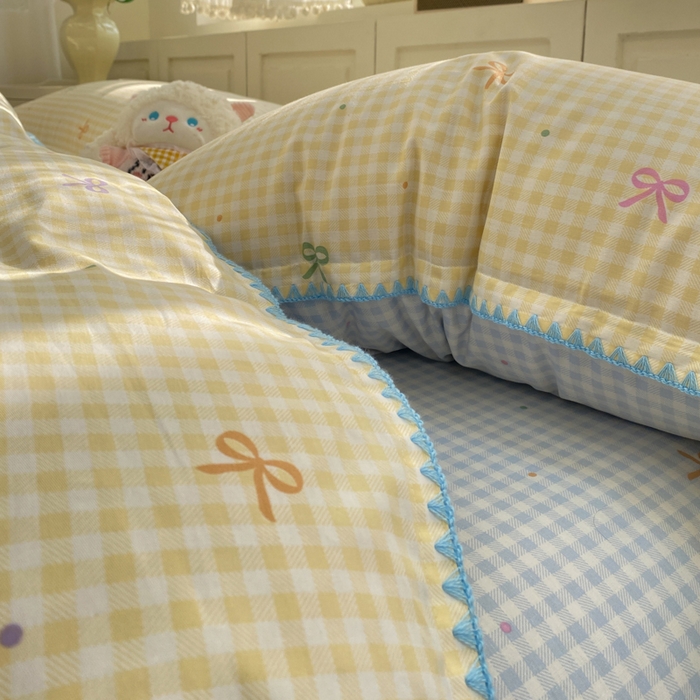 91家纺网 家纺一手货源 找家纺 浮光家居 2026新款全棉贝壳边纯棉四件套系列2 夏日恋格黄