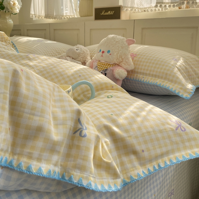 91家纺网 家纺一手货源 找家纺 浮光家居 2026新款全棉贝壳边纯棉四件套系列2 夏日恋格黄