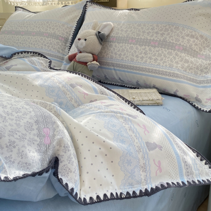 91家纺网 家纺一手货源 找家纺 浮光家居 2026新款全棉贝壳边纯棉四件套系列2 花边兔