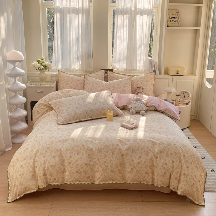 91家纺网 家纺一手货源 找家纺 浮光家居 2026新款全棉贝壳边纯棉四件套系列2 爱丽花园