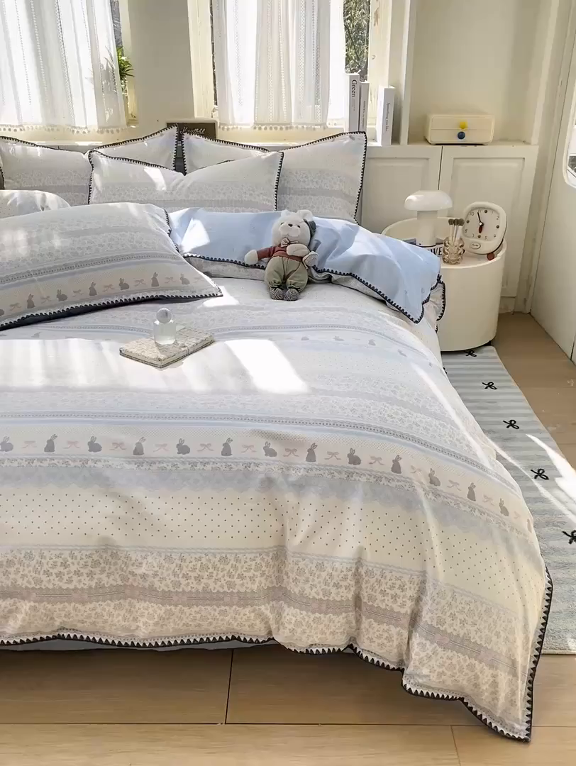 91家纺网 家纺一手货源 找家纺 浮光家居 2026新款全棉贝壳边纯棉四件套系列2 花边兔