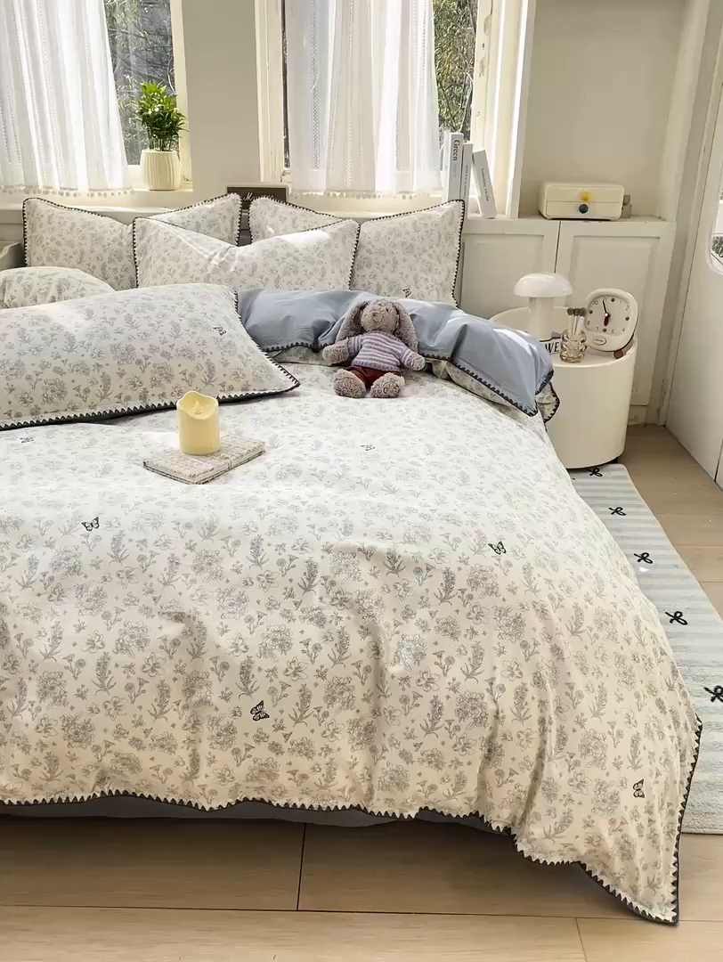 91家纺网 家纺一手货源 找家纺 浮光家居 2026新款全棉贝壳边纯棉四件套系列2 蝶恋花