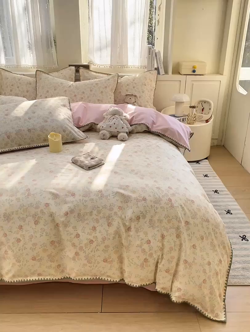 91家纺网 家纺一手货源 找家纺 浮光家居 2026新款全棉贝壳边纯棉四件套系列2 爱丽花园
