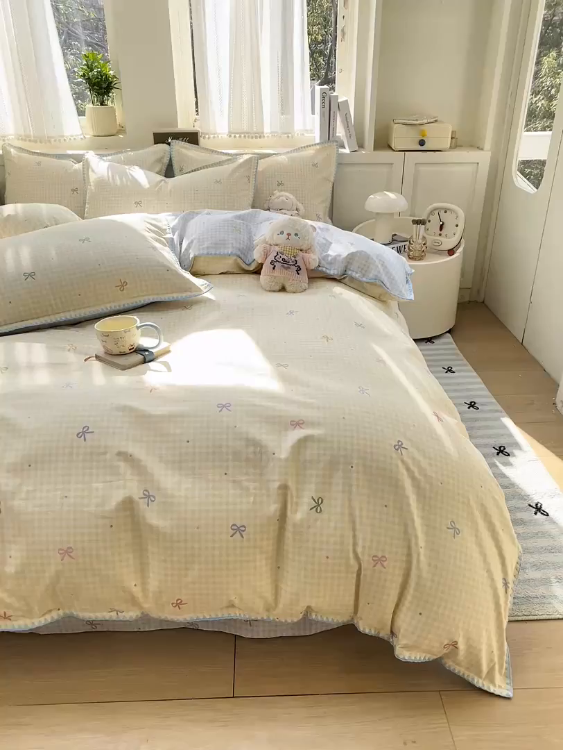 91家纺网 家纺一手货源 找家纺 浮光家居 2026新款全棉贝壳边纯棉四件套系列2 夏日恋格黄