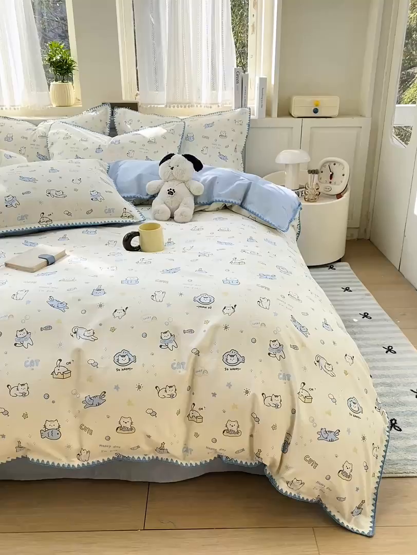 91家纺网 家纺一手货源 找家纺 浮光家居 2026新款全棉贝壳边纯棉四件套系列2 机灵猫