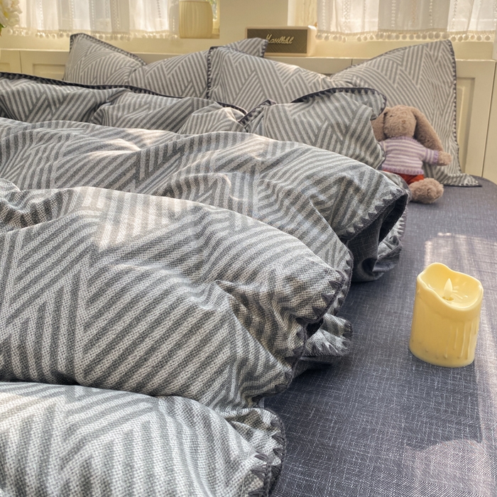 91家纺网 家纺一手货源 找家纺 浮光家居 2026新款全棉贝壳边纯棉单被套系列2 线韵时尚灰