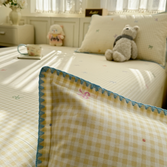 91家纺网 家纺一手货源 找家纺 浮光家居 2026新款全棉贝壳边纯棉单床单系列2 夏日恋格黄