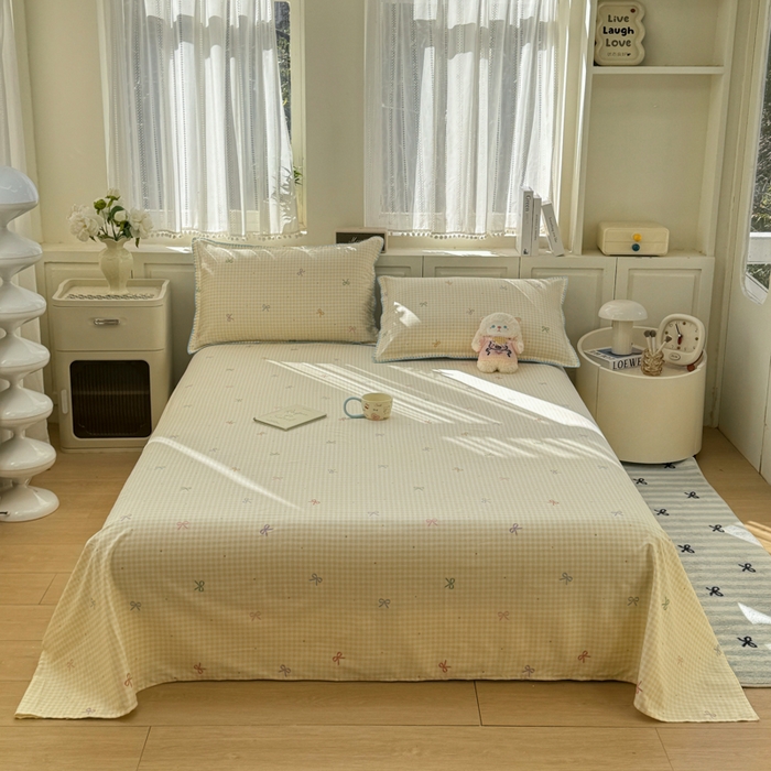 91家纺网 家纺一手货源 找家纺 浮光家居 2026新款全棉贝壳边纯棉单床单系列2 夏日恋格黄