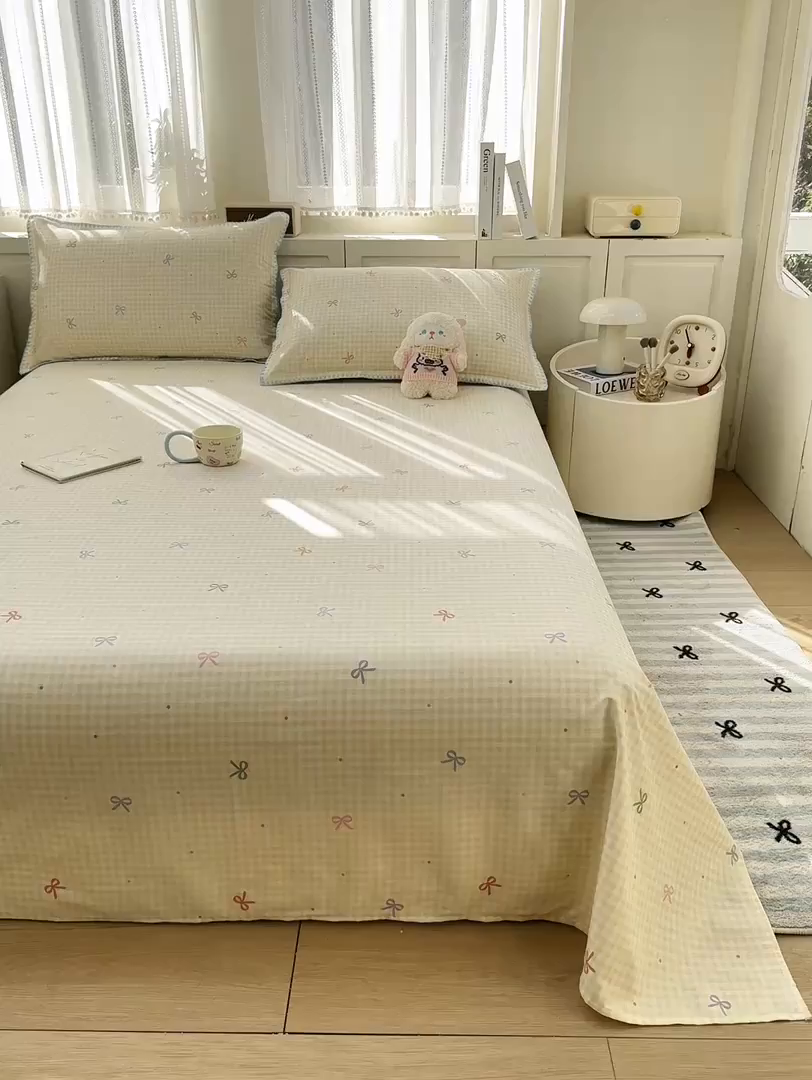 91家纺网 家纺一手货源 找家纺 浮光家居 2026新款全棉贝壳边纯棉单床单系列2 夏日恋格黄