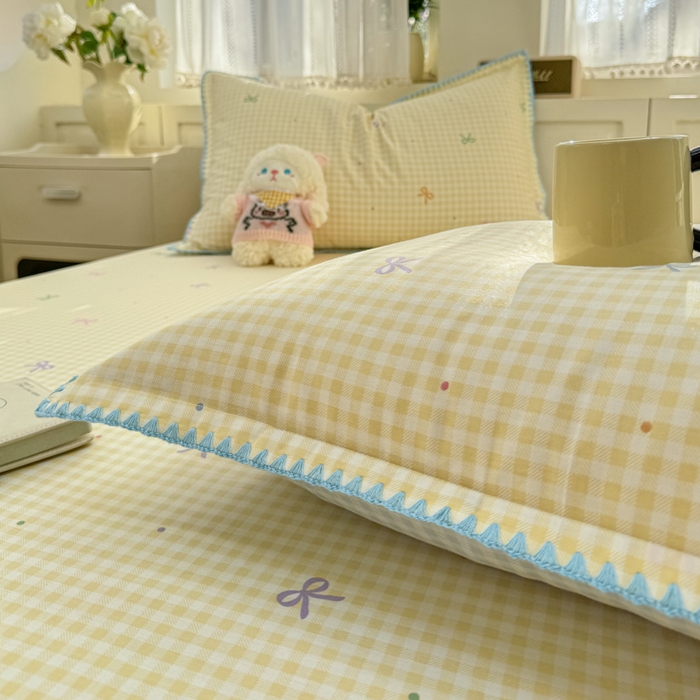 91家纺网 家纺一手货源 找家纺 浮光家居 2026新款全棉贝壳边纯棉单床笠系列2 夏日恋格黄