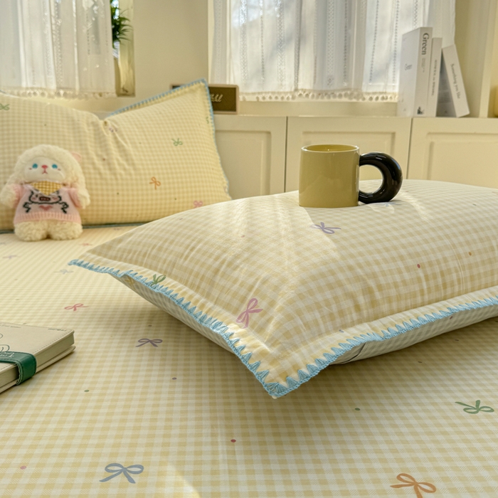 91家纺网 家纺一手货源 找家纺 浮光家居 2026新款全棉贝壳边纯棉单床笠系列2 夏日恋格黄