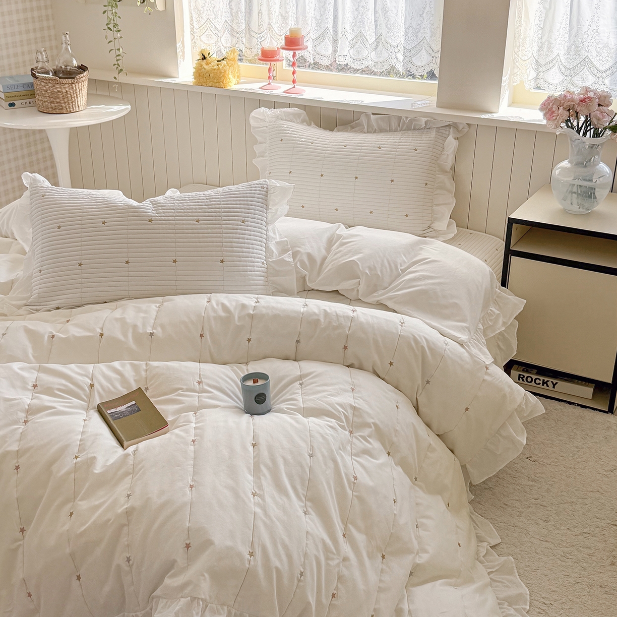 91家纺网 家纺一手货源 找家纺 诗黛尔 2026春夏新款星空间双面60支水洗全棉床盖三件套/四件套 星空间-暖白