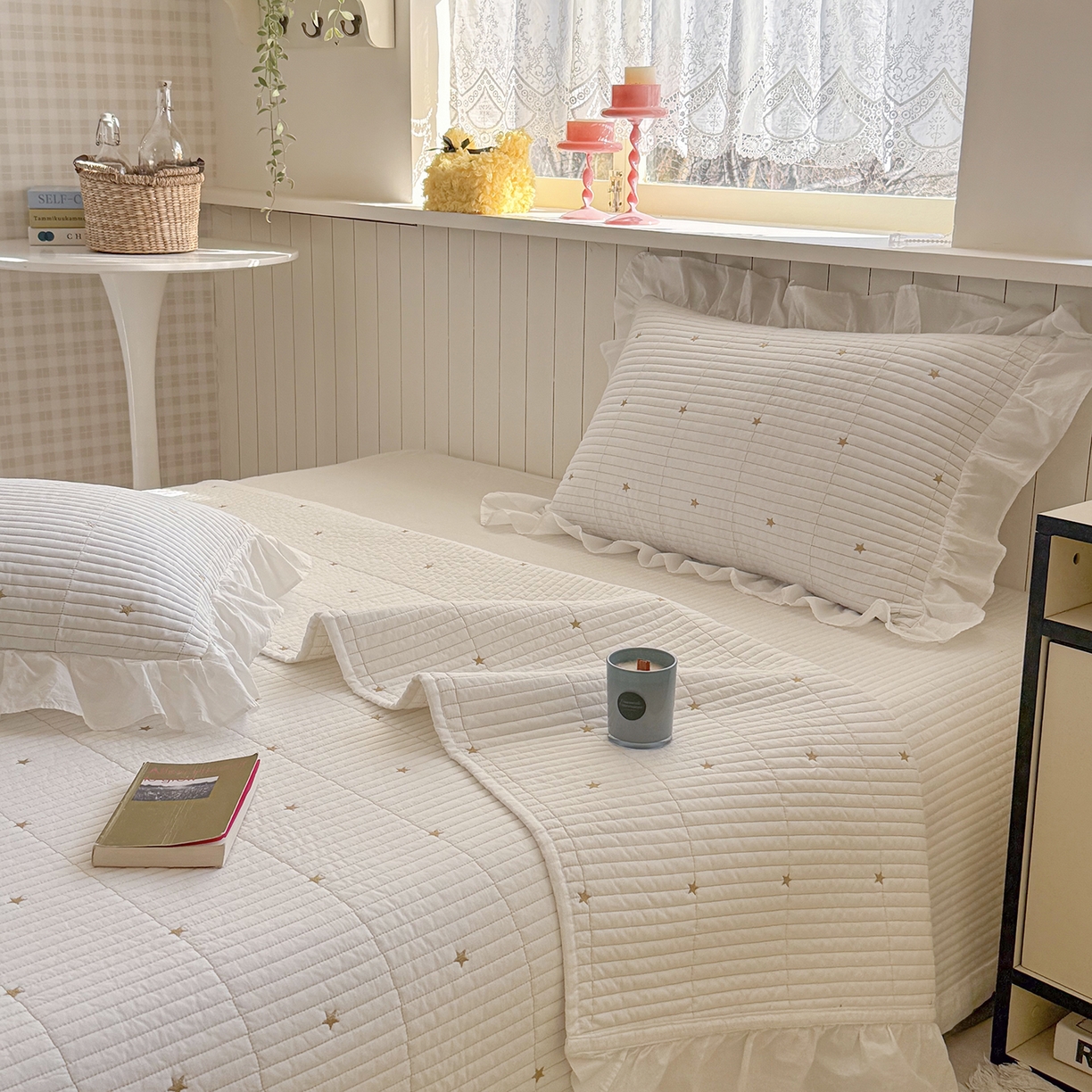 91家纺网 家纺一手货源 找家纺 诗黛尔 2026春夏新款星空间双面60支水洗全棉床盖三件套/四件套 星空间-暖白