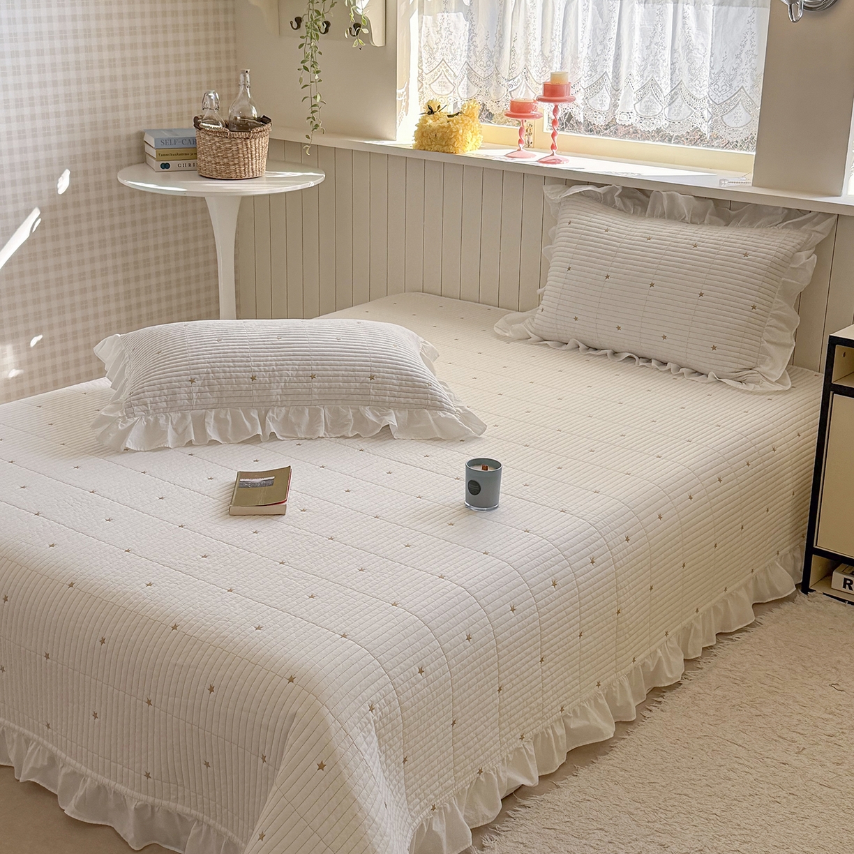 91家纺网 家纺一手货源 找家纺 诗黛尔 2026春夏新款星空间双面60支水洗全棉床盖三件套/四件套 星空间-暖白